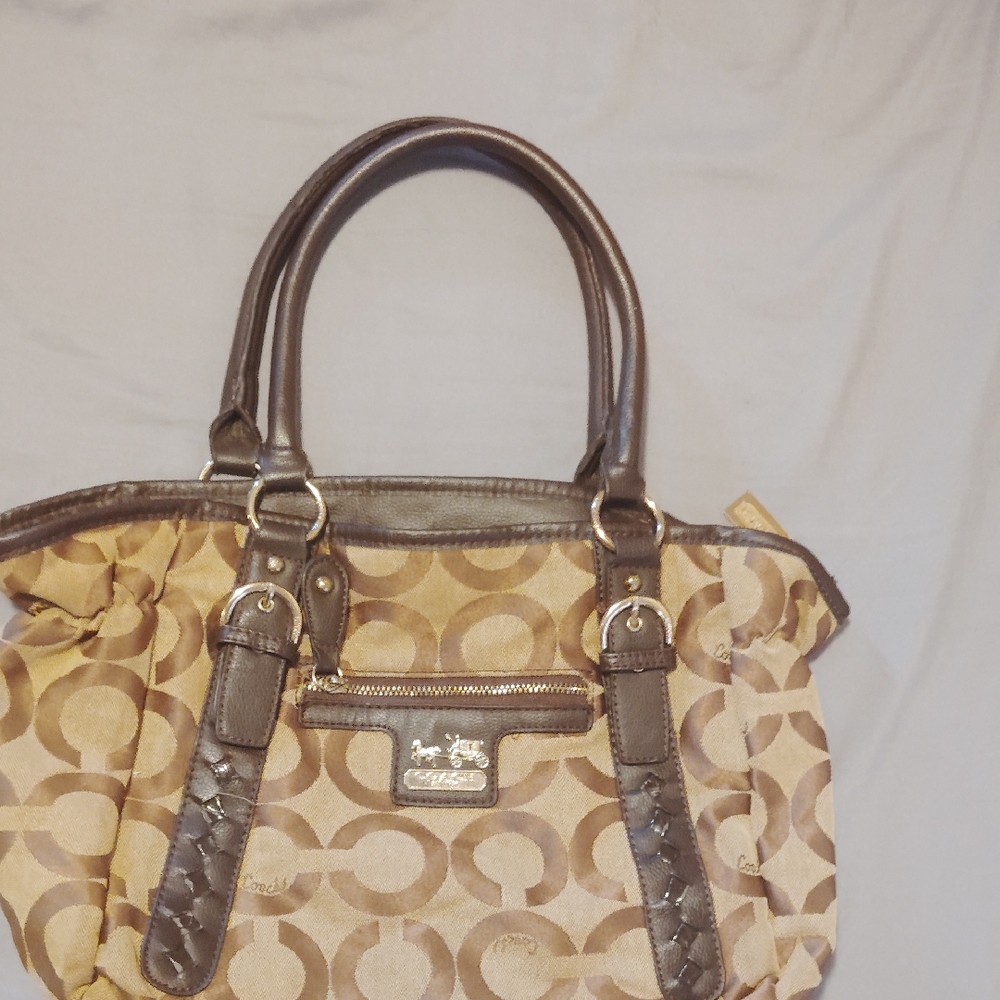 Coach Tan and Brown Signature Shoulder Bag
